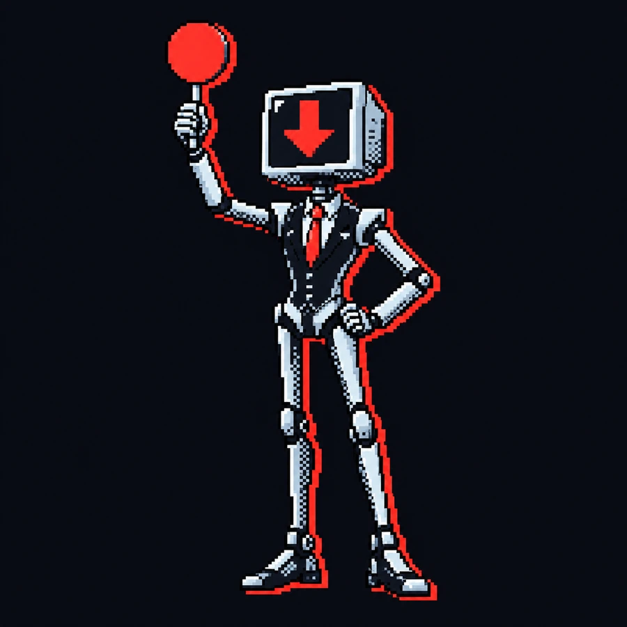 A tall robot broker in a suit, a monitor for a head showing a red arrow down, holding a red paddle high