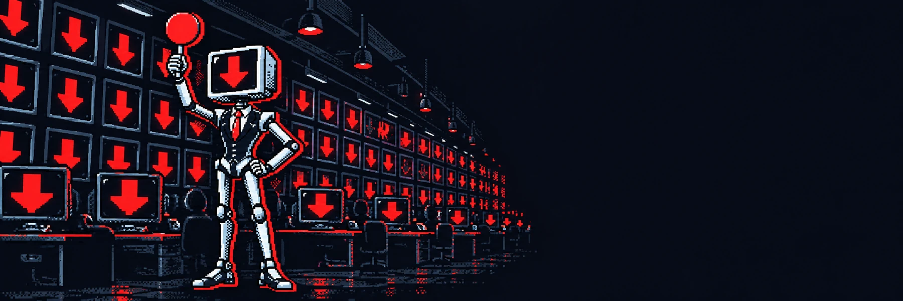 The robot on a trading floor, every screen behind him showing a red arrow down